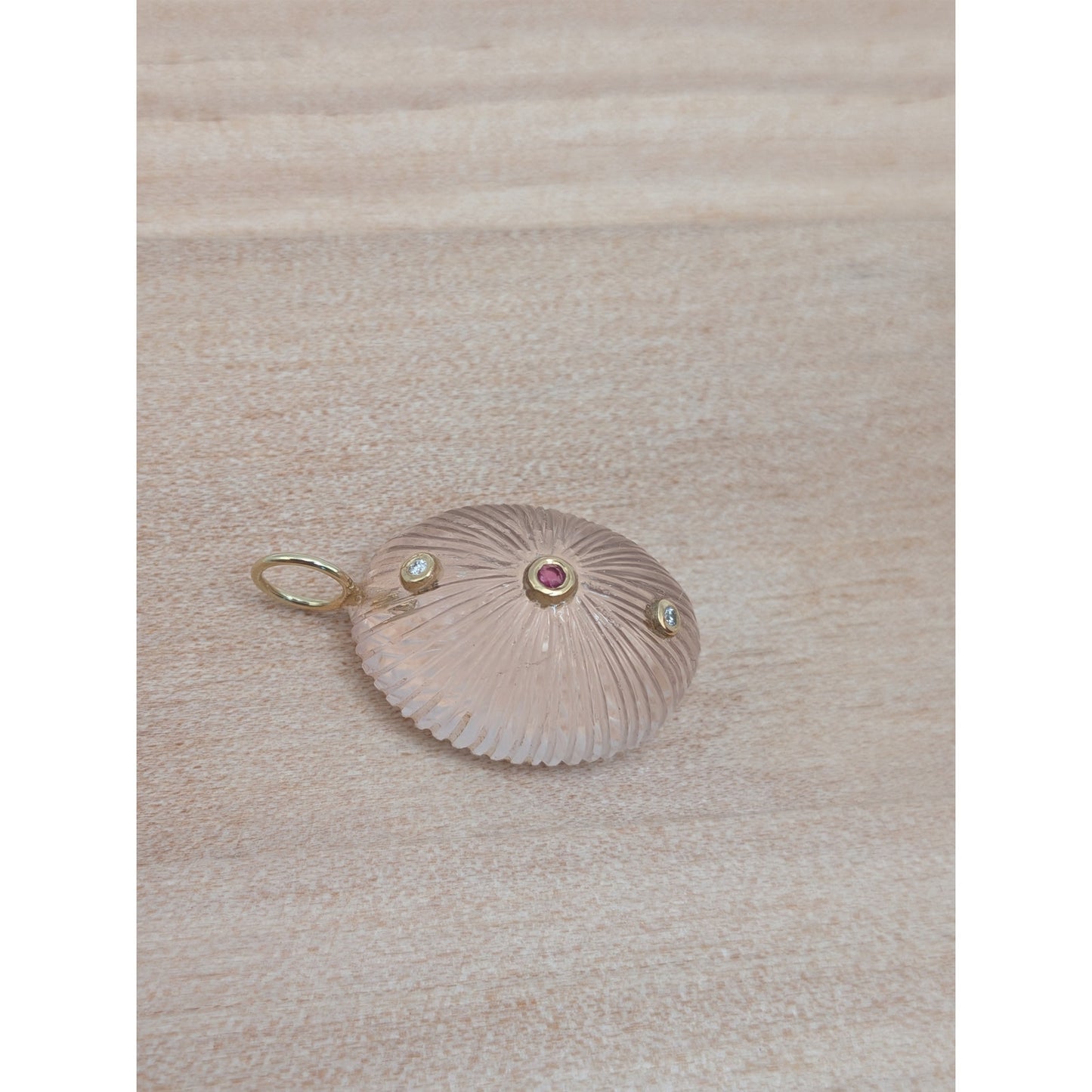 14K Gold Carved Fluted Rose Quartz Pendant w/ Natural Ruby & Diamond Accents