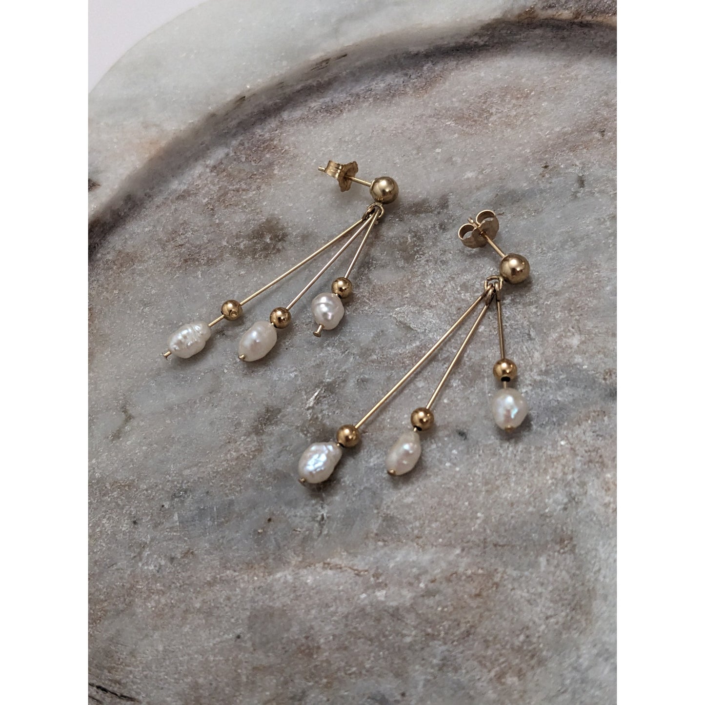 Vintage 14k Yellow Gold 3-Tier Dangle Freshwater Pearl Earrings