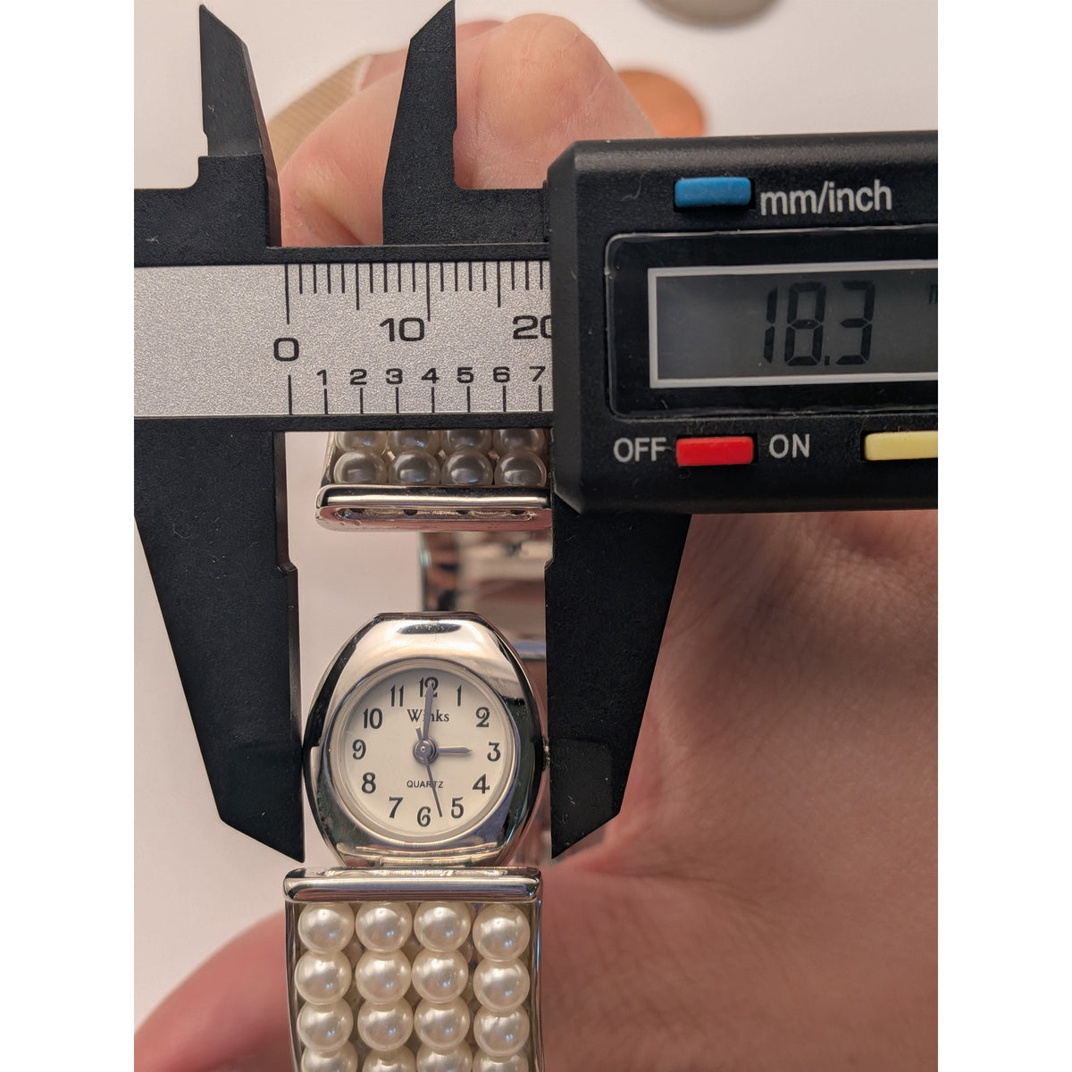 Preowned Winks Silver Tone Faux Pearl Peekaboo Bangle Watch