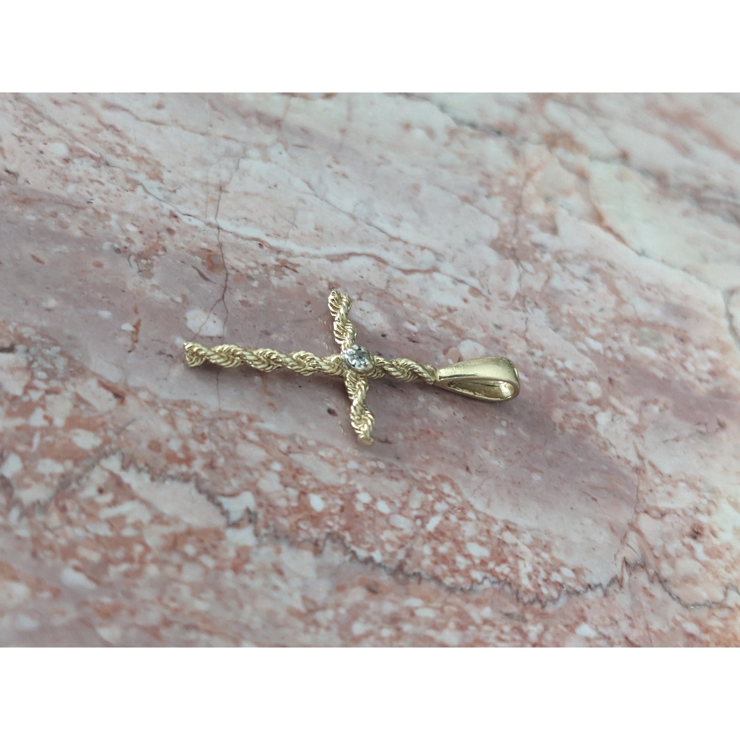 Vintage 14k Yellow Gold Twisted Rope Cross Pendant with Diamond Accent Stone