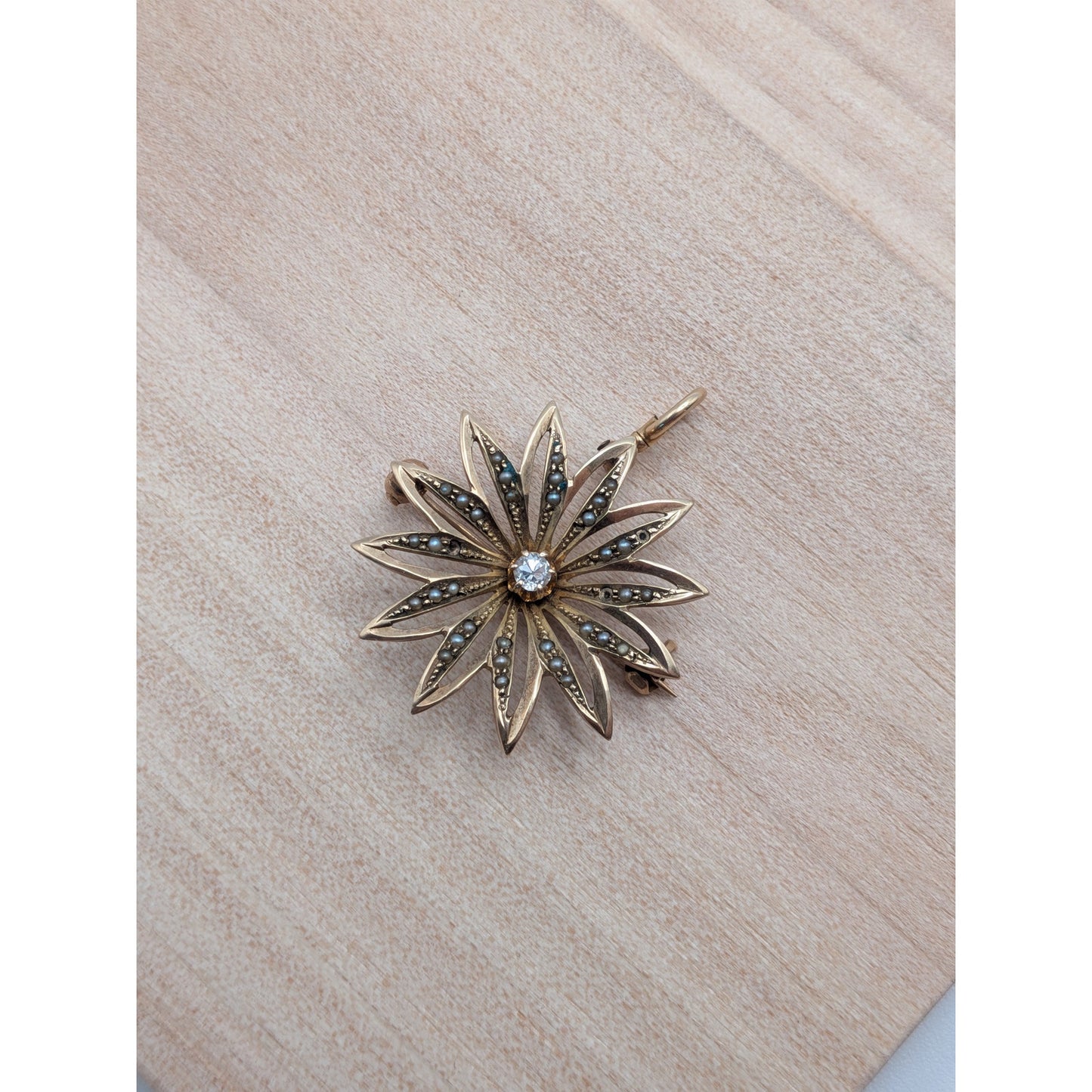 FLAW Vintage 10k Yellow Gold Seed Pearl Diamond Star Brooch Pendant
