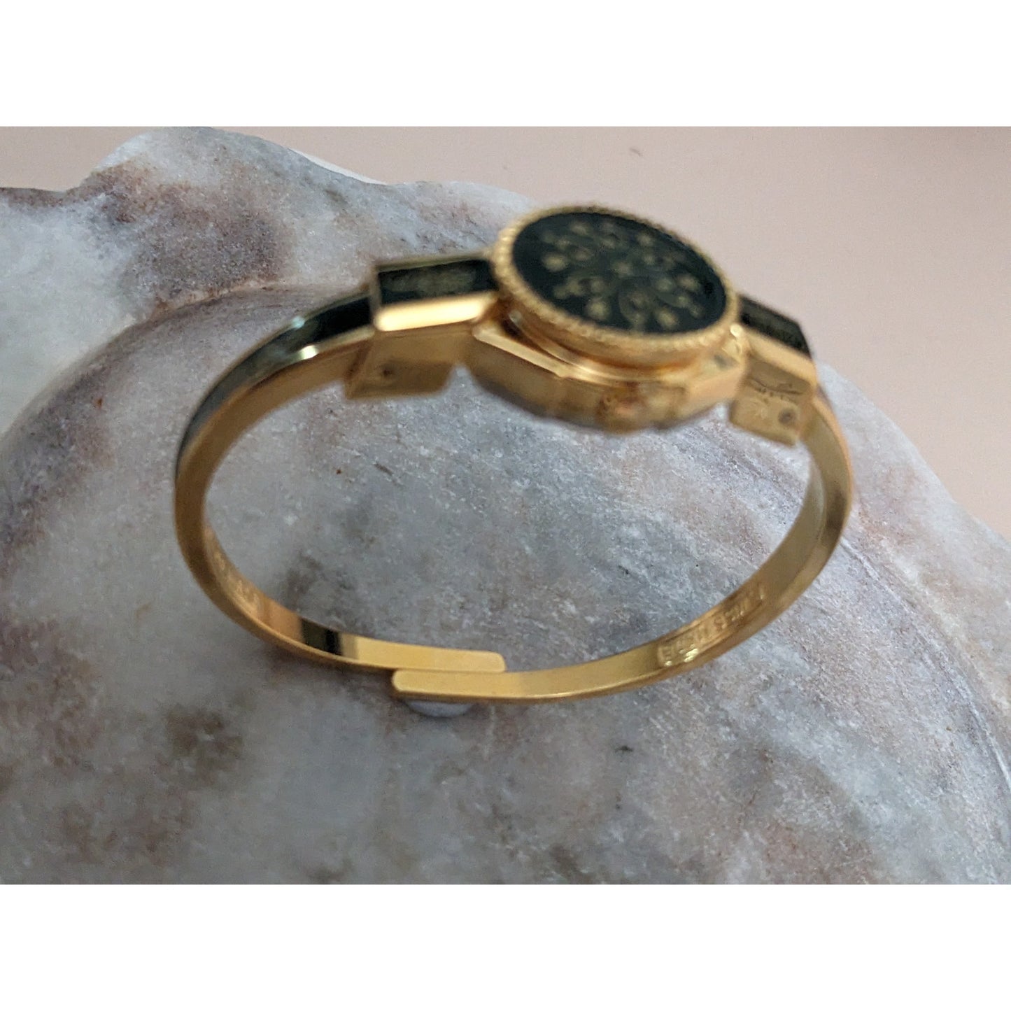 Vintage Andre Mouche Silver Tone Bangle Watch with Blue Floral Enamel Working