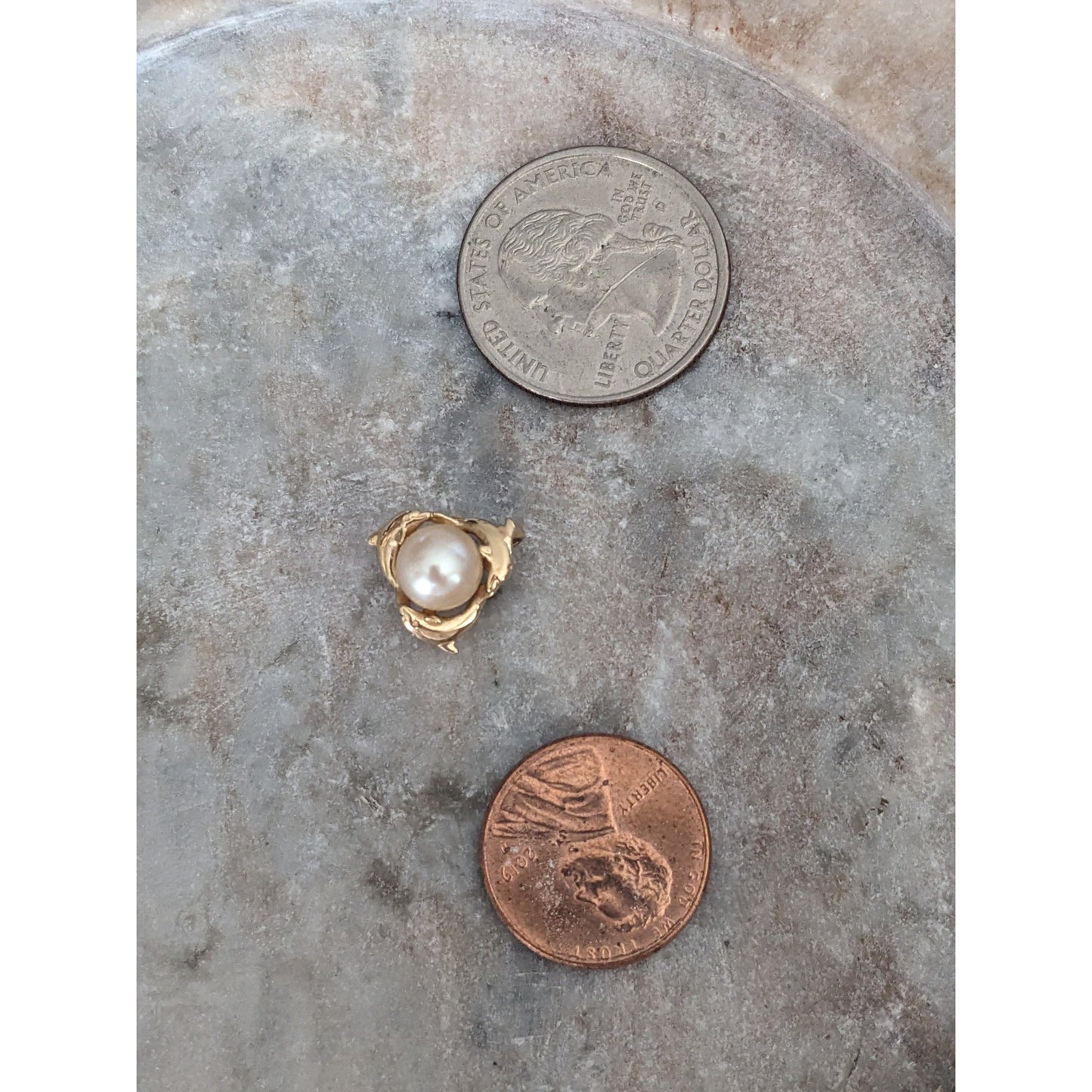 Vintage 14k Yellow Gold Wyland Cultured Pearl and Trio Dolphin Pendant