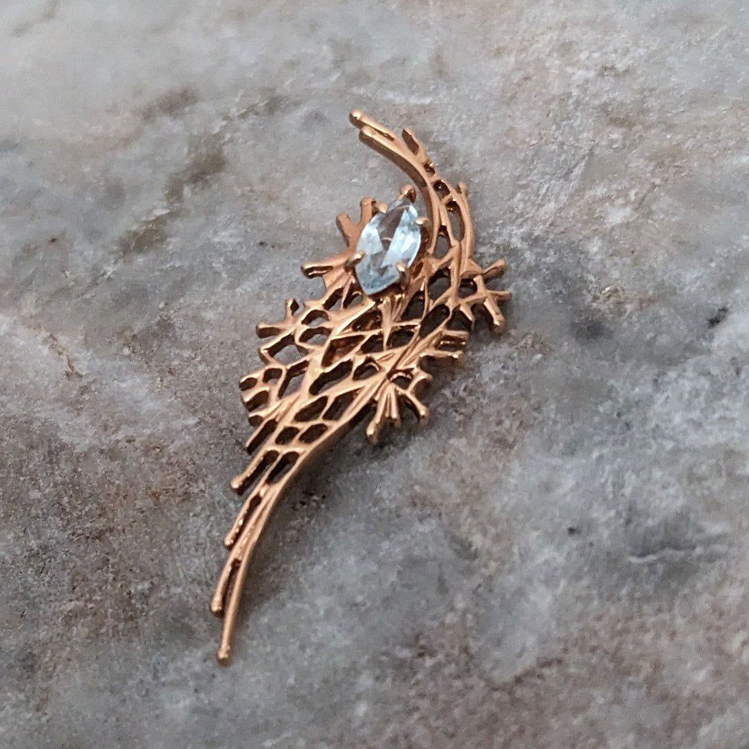 Vintage 14K Gold Modernist Brutalist Pendant with Light Blue Gem