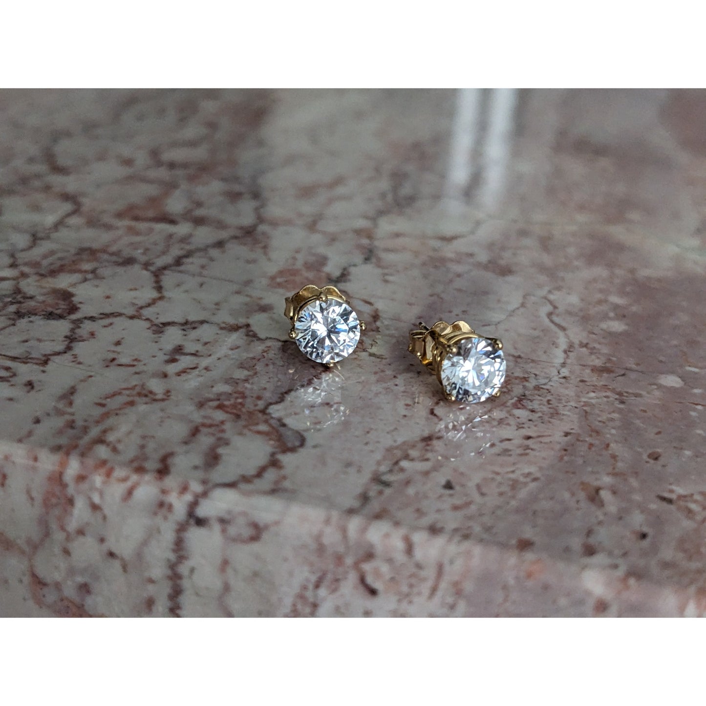 Estate 14k Yellow Gold White CZ Stones Stud Earrings