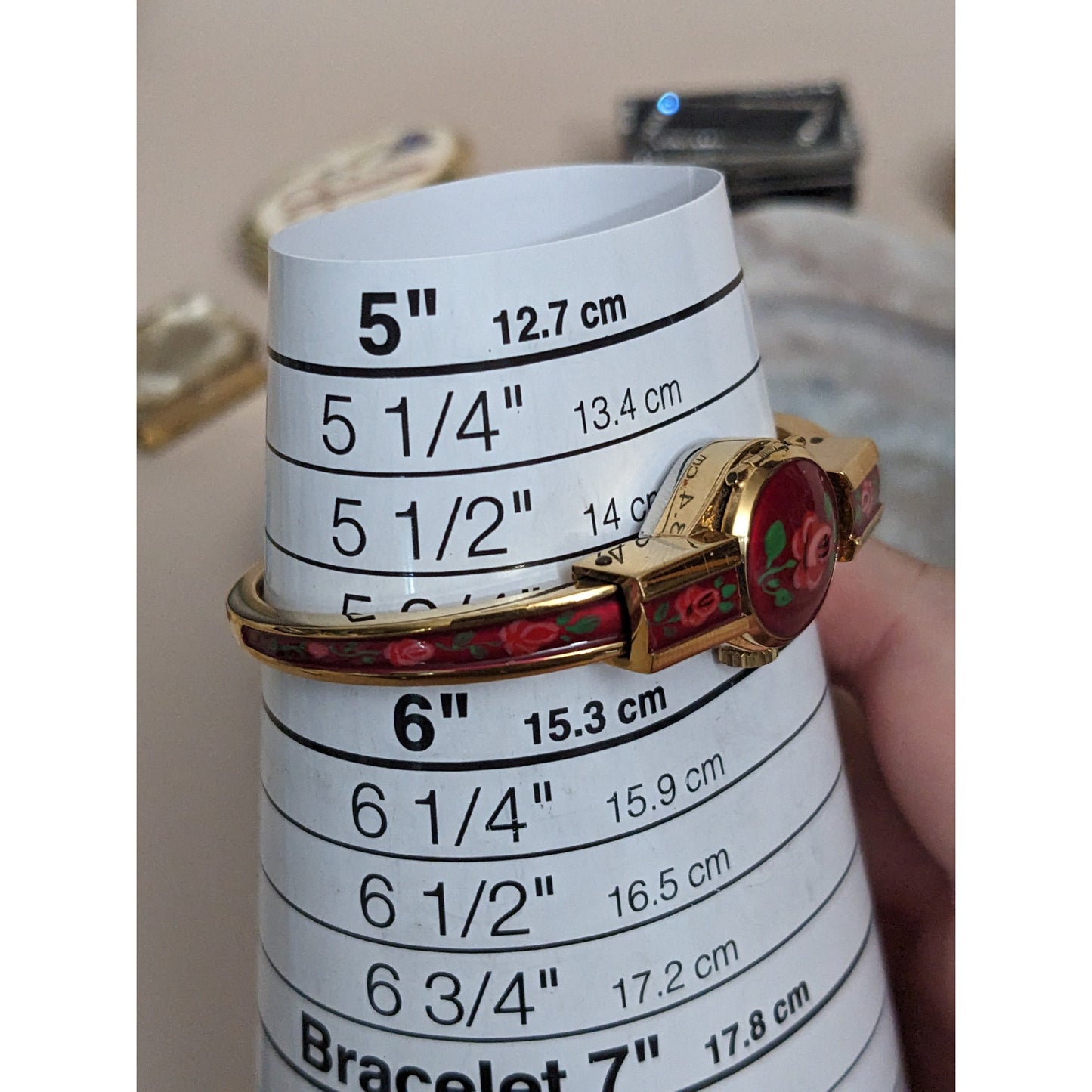 Vintage Andre Mouche Silver Tone Bangle Watch with Blue Floral Enamel Working