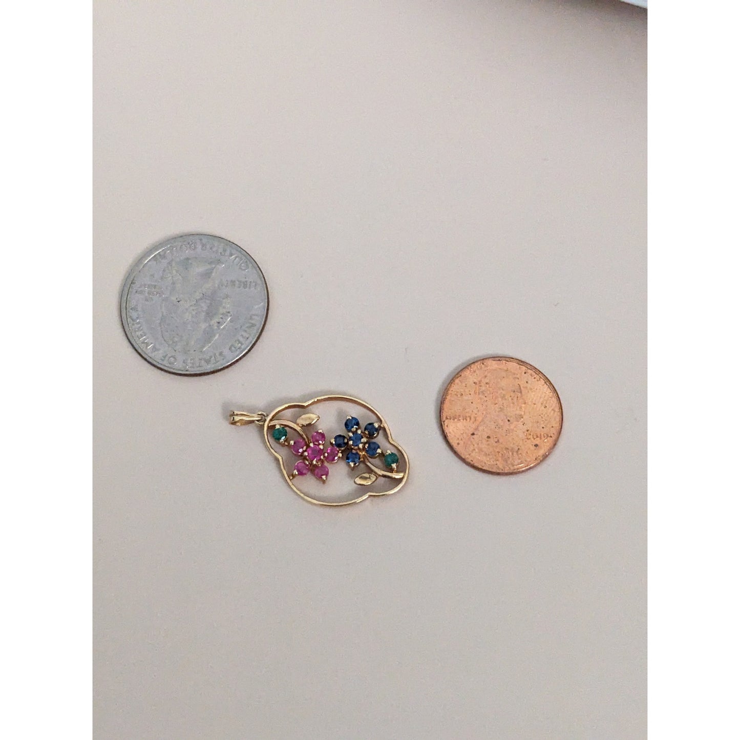 Estate 14k Yellow Gold Pink and Blue Gem Flowers Pendant