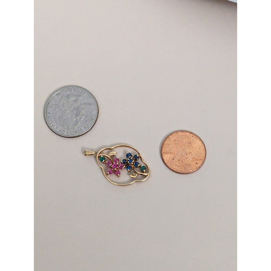 Estate 14k Yellow Gold Pink and Blue Gem Flowers Pendant