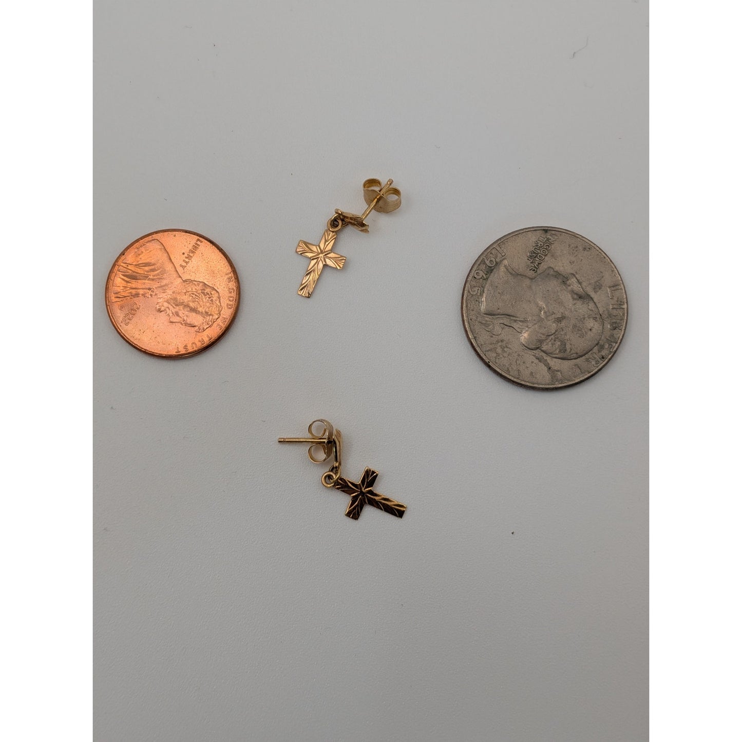 Vintage 14k Yellow Gold Dainty TINY Diamond Cut Cross Charm Earrings