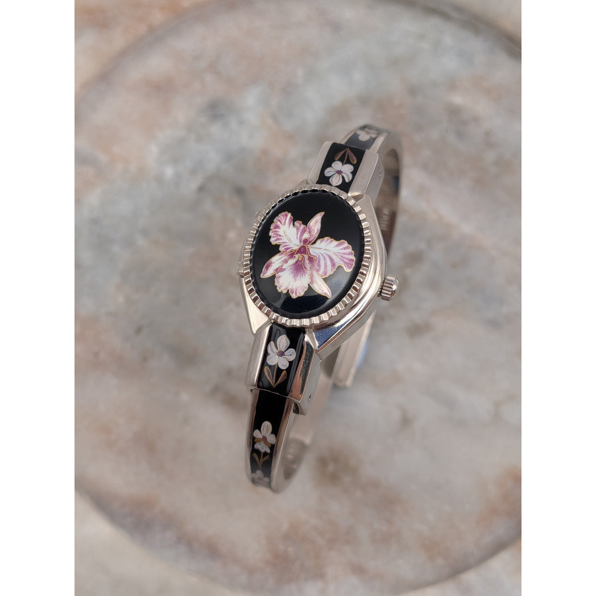 Vintage Andre Mouche Silver Tone Peekaboo Watch Black Enamel Purple Flower