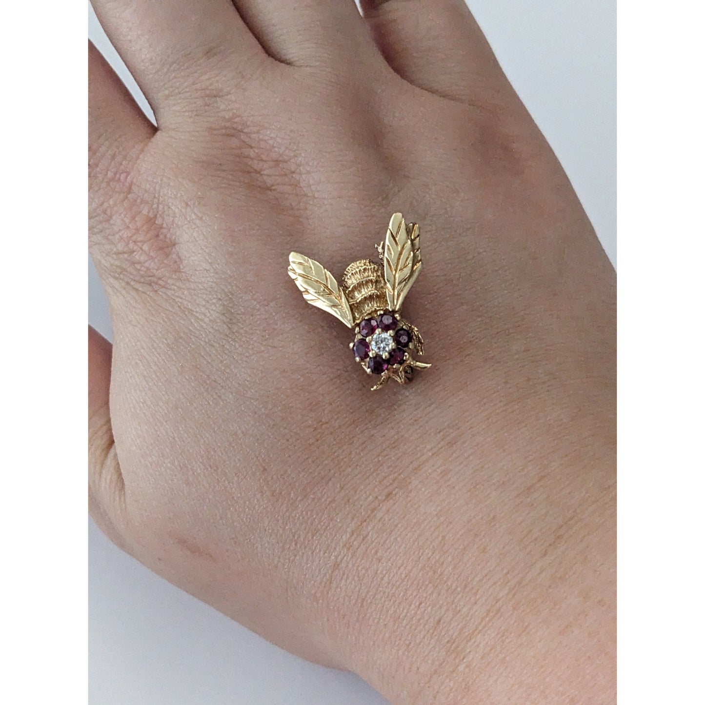 Vintage 14k Yellow Gold Ruby and Diamond Bee Brooch