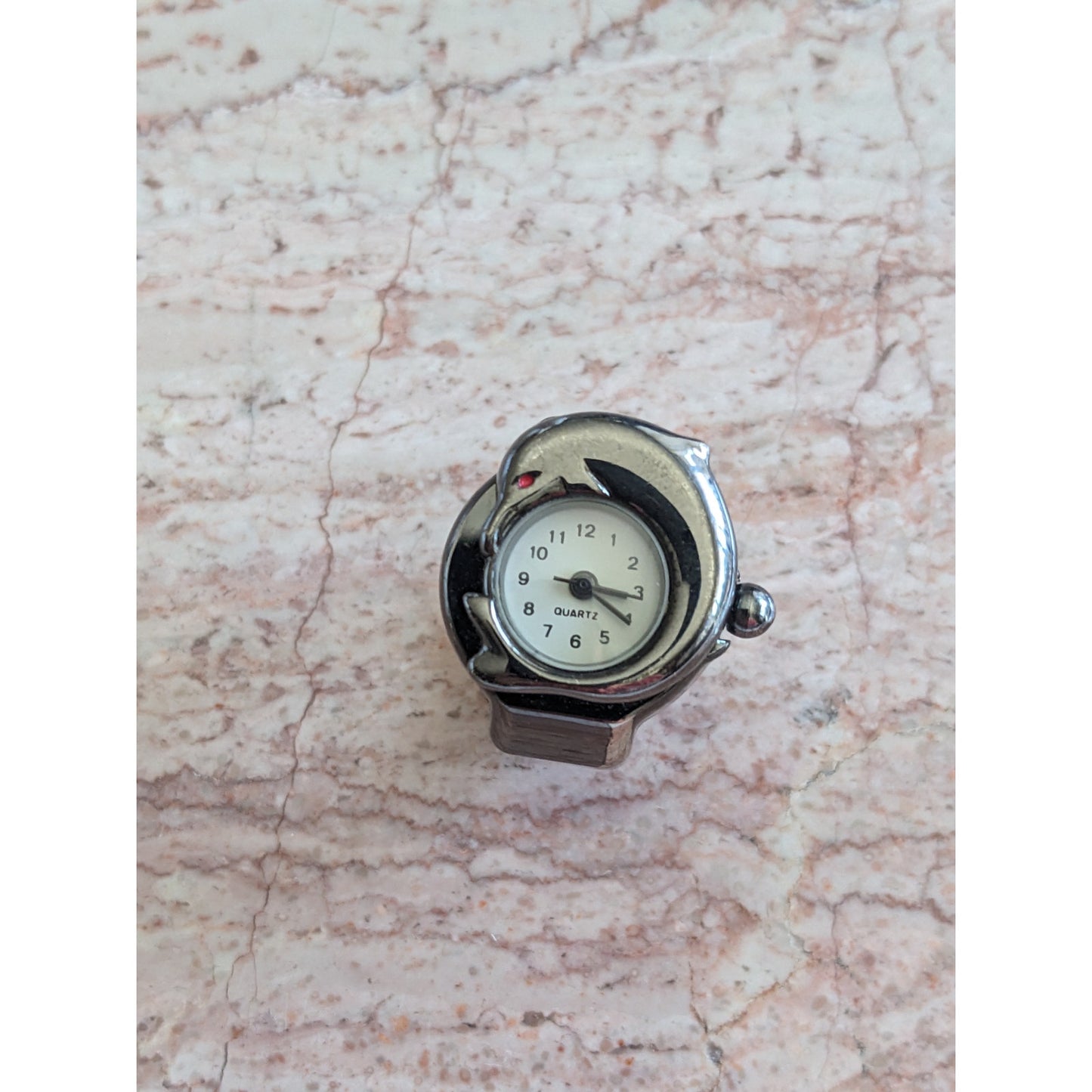 Preowned Patina Silver Tone Ring Watch with Dolphin Working