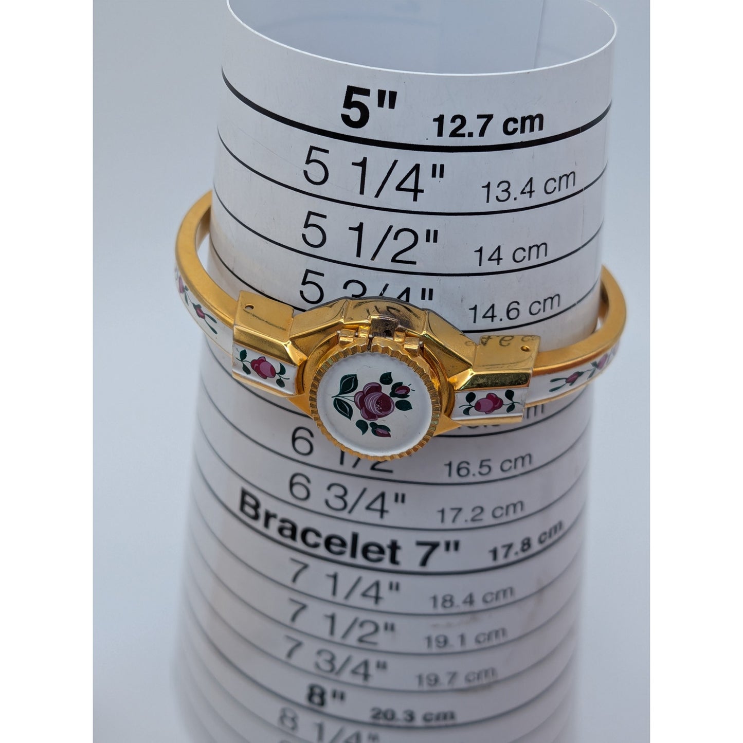 FLAW Vintage Gold Tone Peekaboo Watch White Enamel and Roses