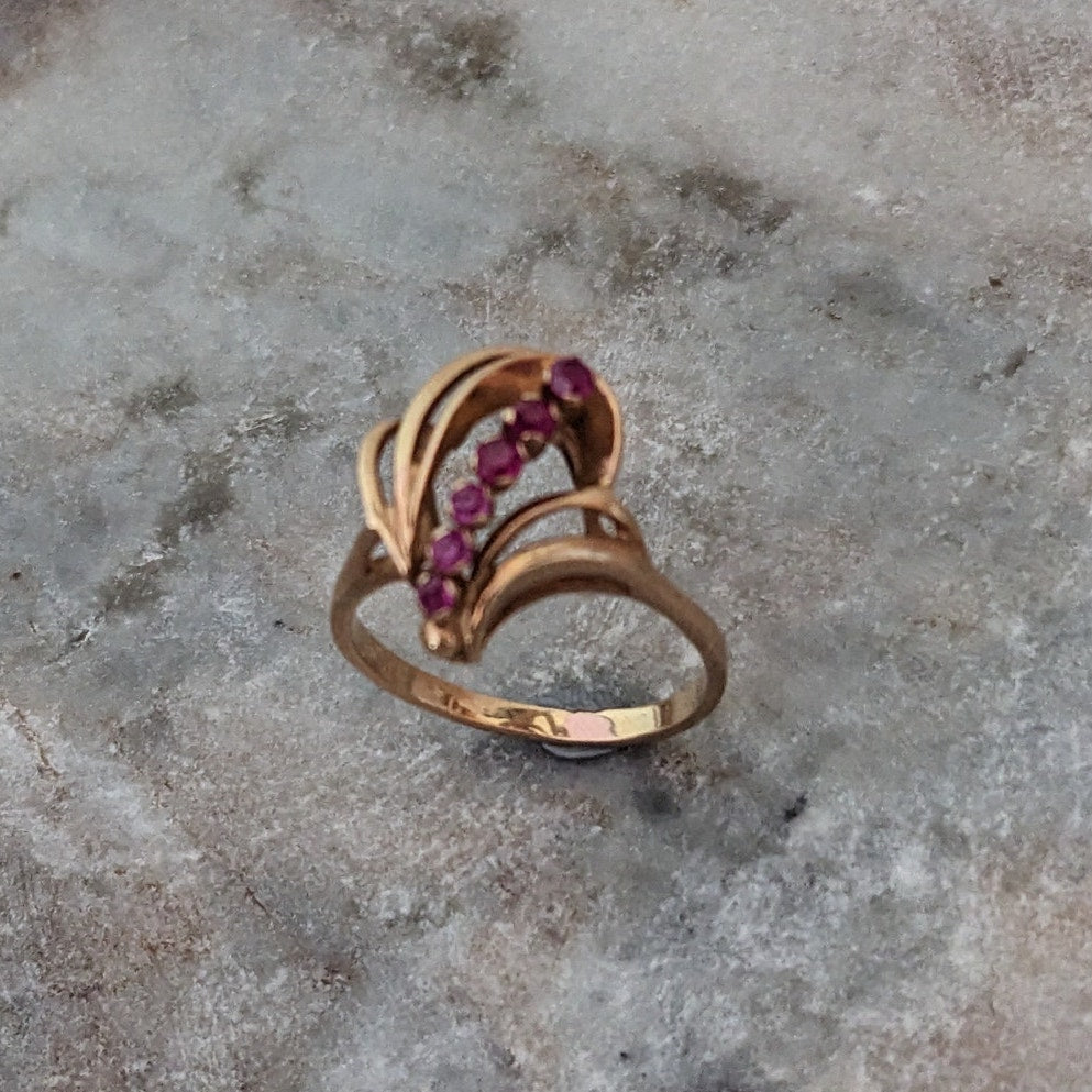 Vintage USSR 14k 1950s Gold Cocktail Abstract Ring with Lab Rubies Size 8.25