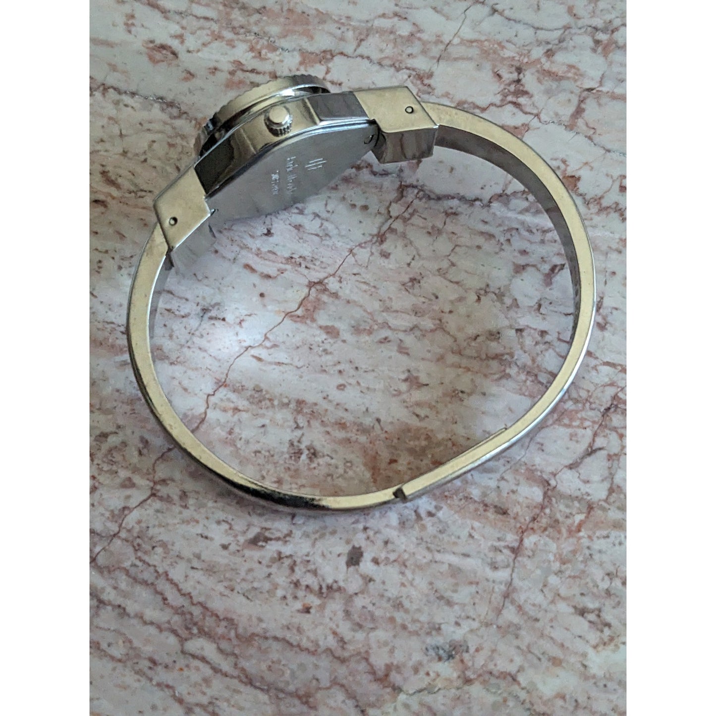 Vintage Andre Mouche Silver Tone Bangle Watch White Enamel Blue Florals