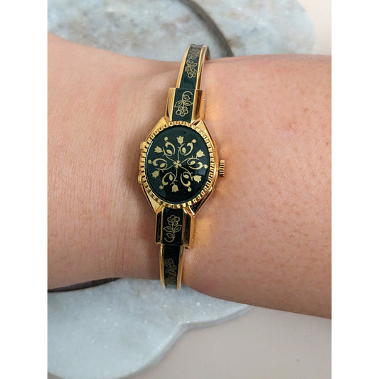 Vintage Andre Mouche Silver Tone Bangle Watch with Blue Floral Enamel Working