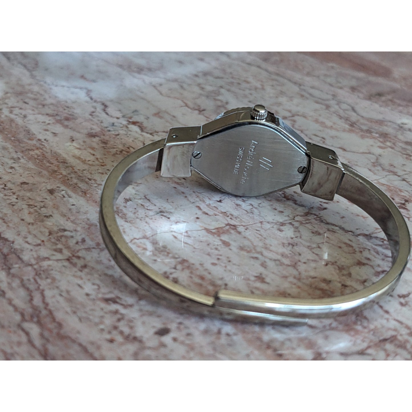 Vintage Andre Mouche Silver Tone Bangle Watch White Enamel Blue Florals