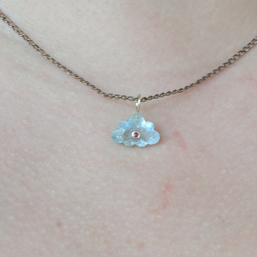 14K Gold Blue Topaz Cloud Pendant Natural Ruby Inlay Carved Gemstone