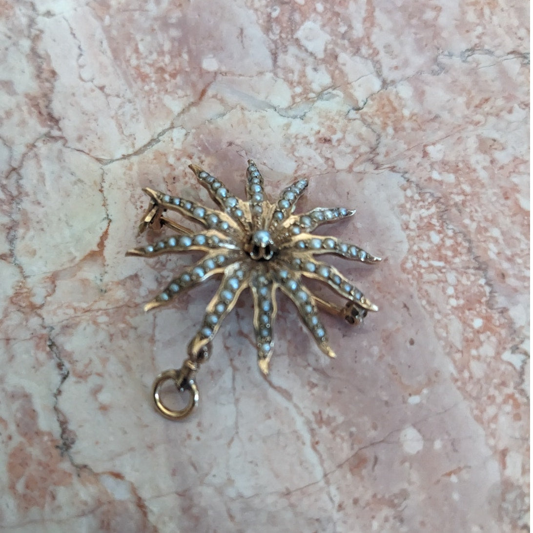 Vintage 10k Gold Starburst Sun with Seed Pearls Brooch / Pendant