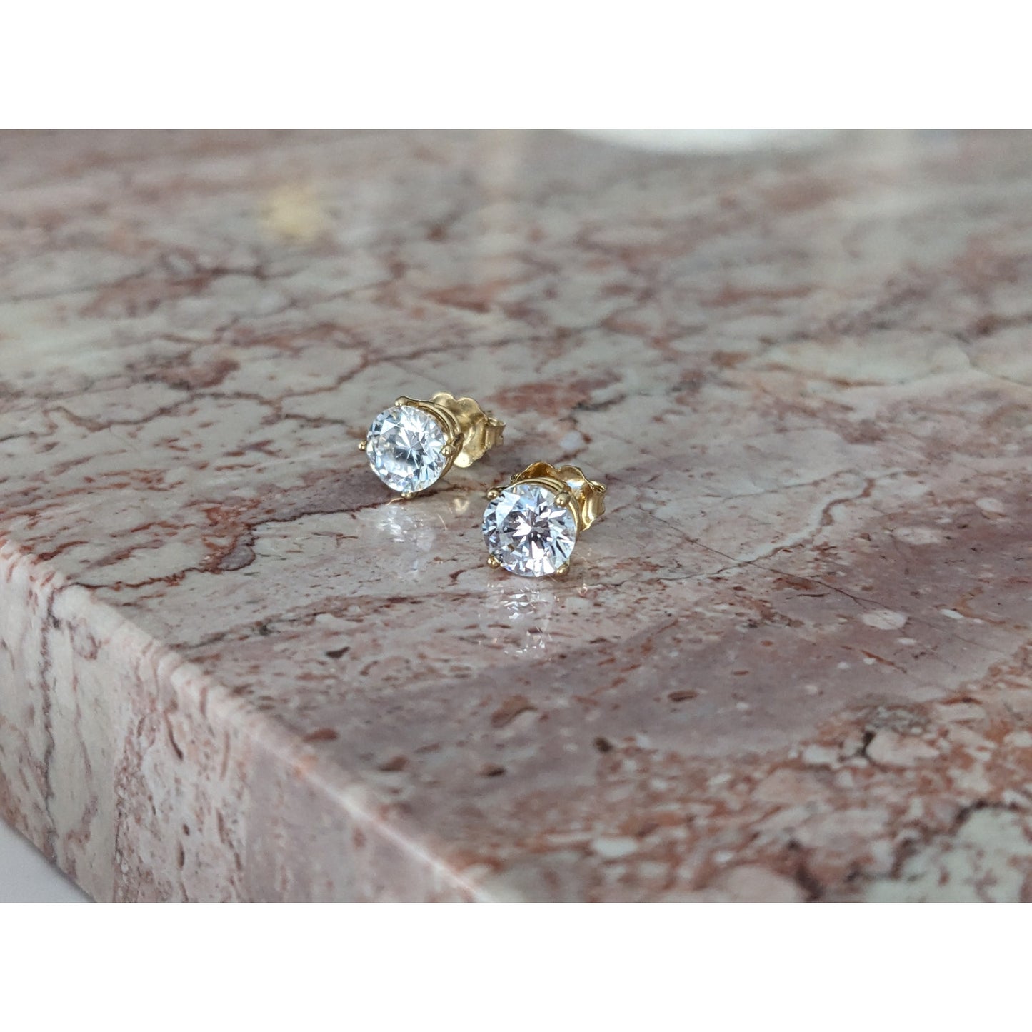 Estate 14k Yellow Gold White CZ Stones Stud Earrings