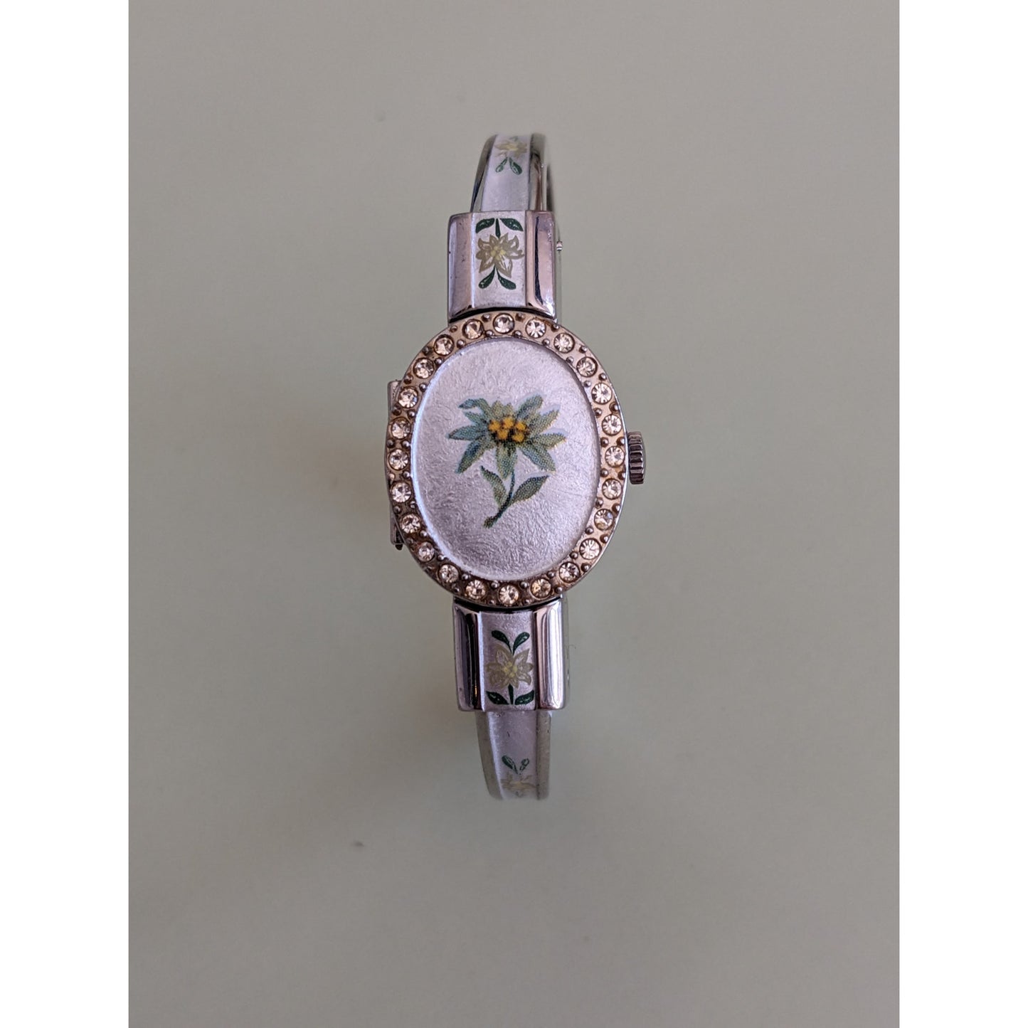 Vintage Andre Mouche Silver Tone Bangle Peekaboo Watch, Silver Enamel