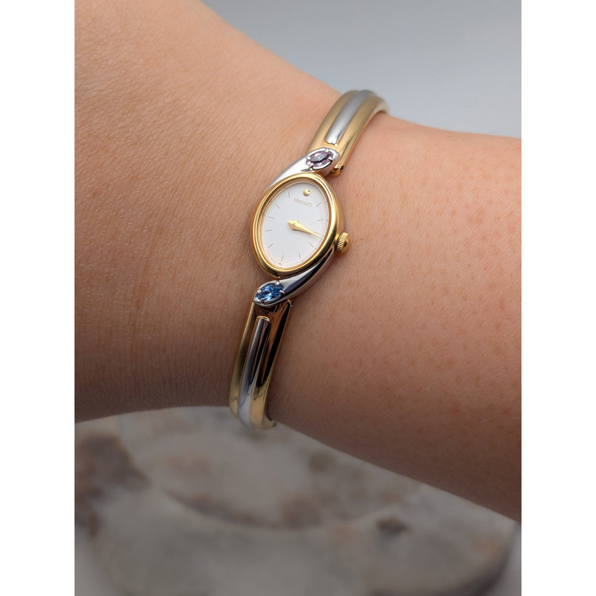 Vintage 1990s Seiko Two Tone Bangle Quartz Watch Dainty Dial Pink and Blue Stone