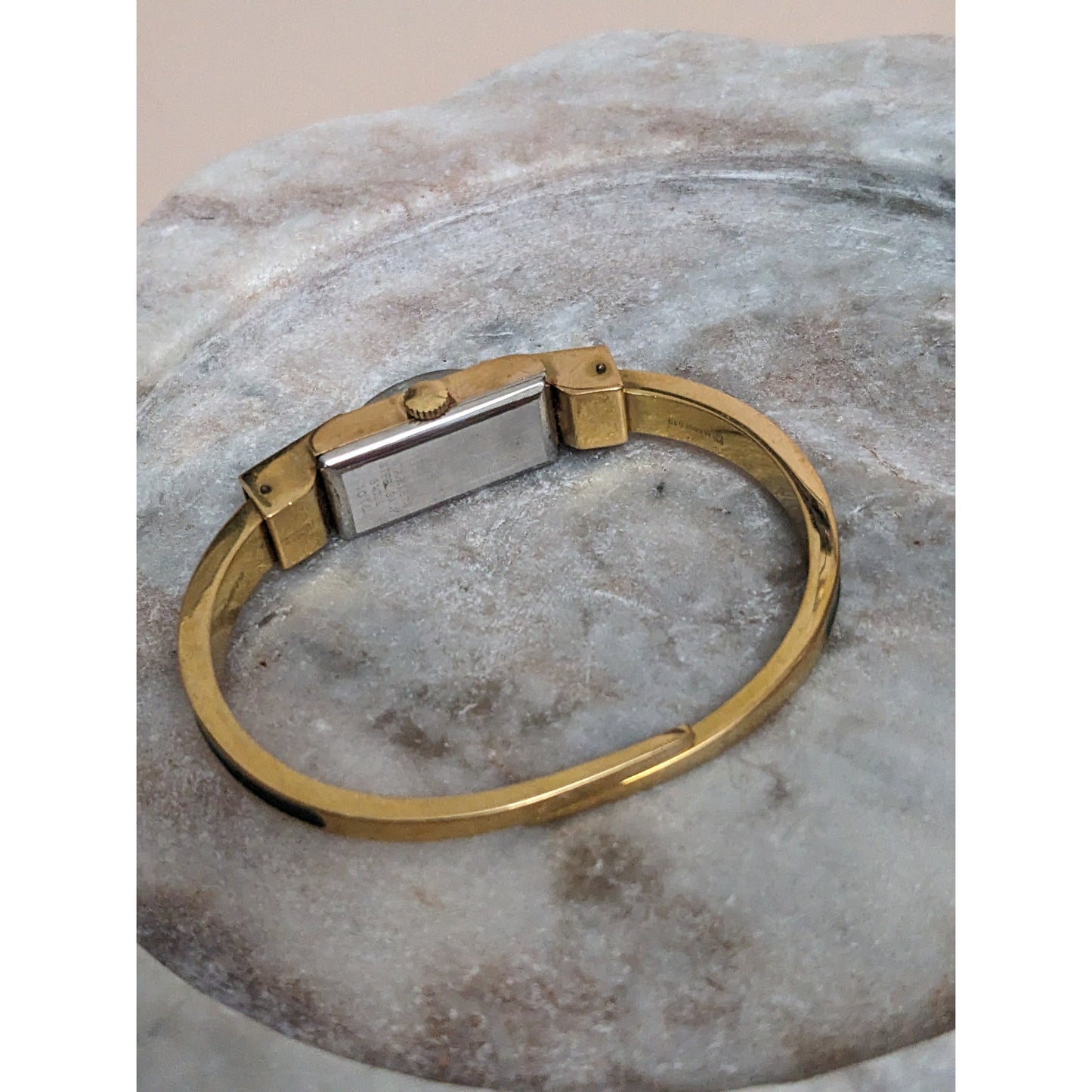 Vintage Andre Mouche Silver Tone Bangle Watch with Blue Floral Enamel Working