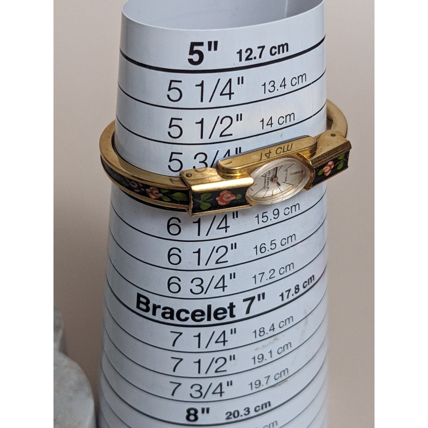 Vintage Andre Mouche Silver Tone Bangle Watch with Blue Floral Enamel Working