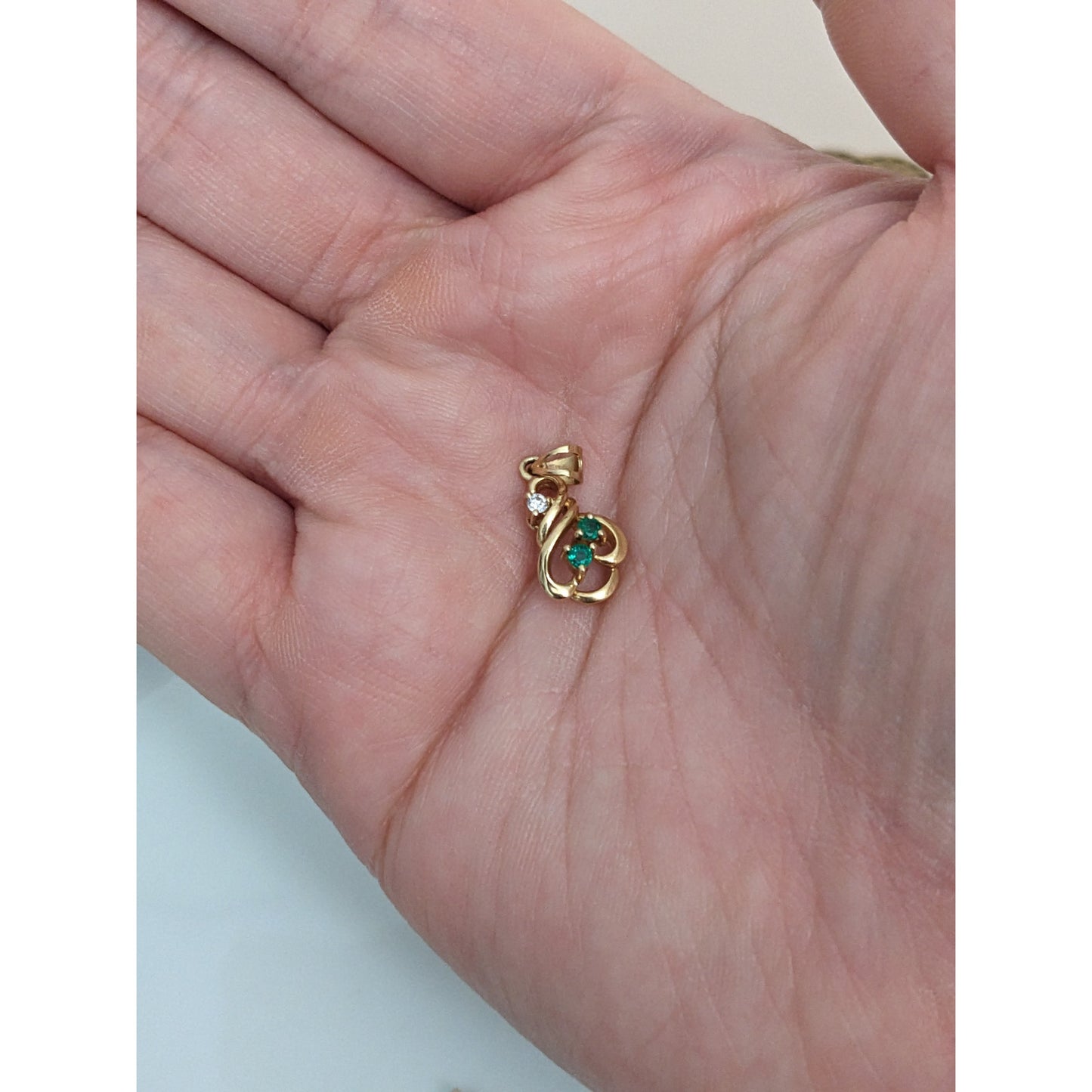 Estate 14k Yellow Gold Mini Dainty Pendant with Green and White Gems