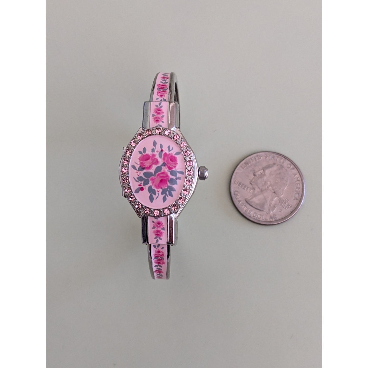 Vintage Andre Mouche Silver Tone Peek A Boo Bangle Watch, Pink Enamel Floral