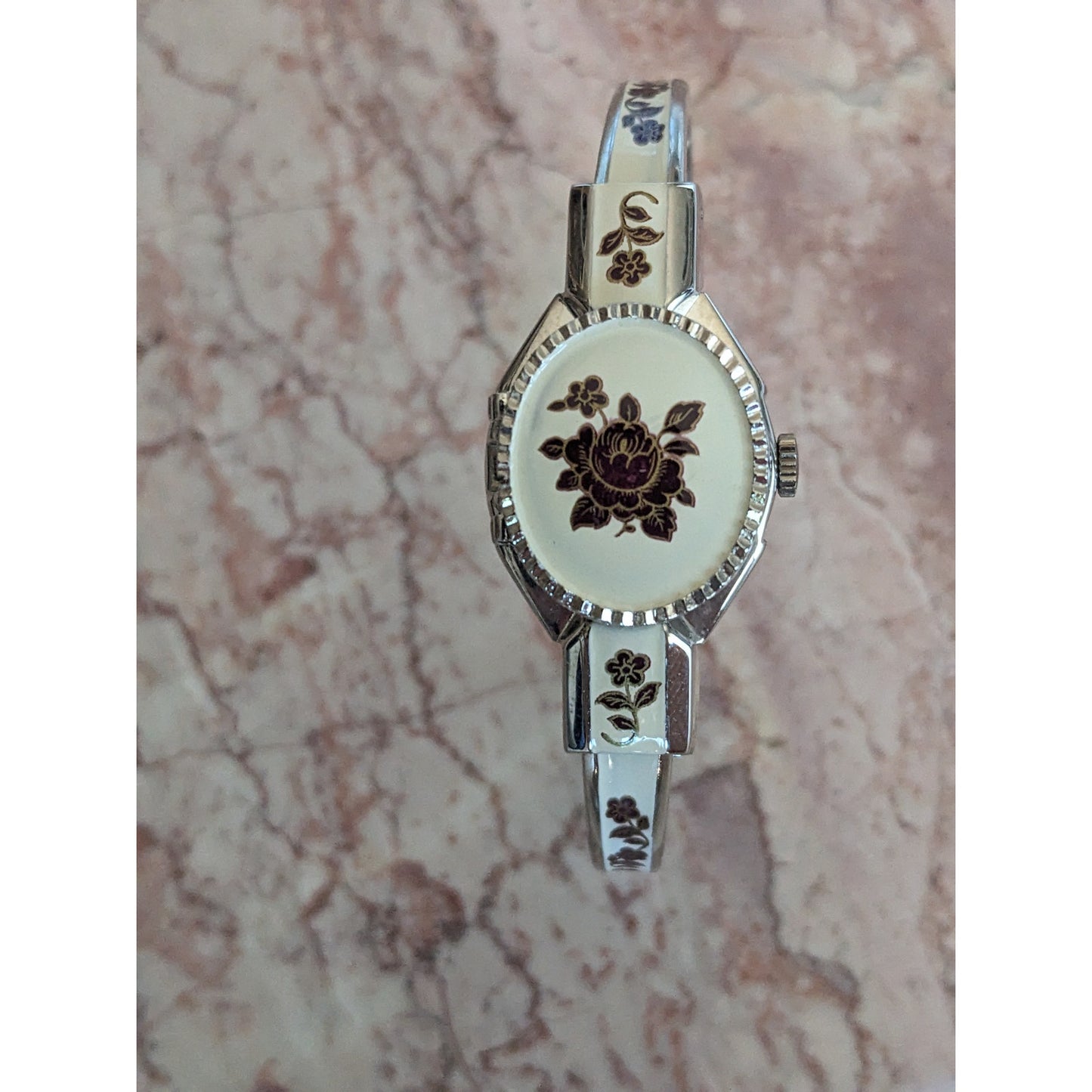 Vintage Andre Mouche Silver Tone Bangle Watch White Enamel Deep Red Flowers