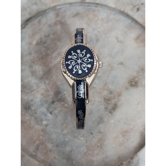 Vintage Andre Mouche Silver Tone Peekaboo Watch Dark Blue Enamel Silver Flowers