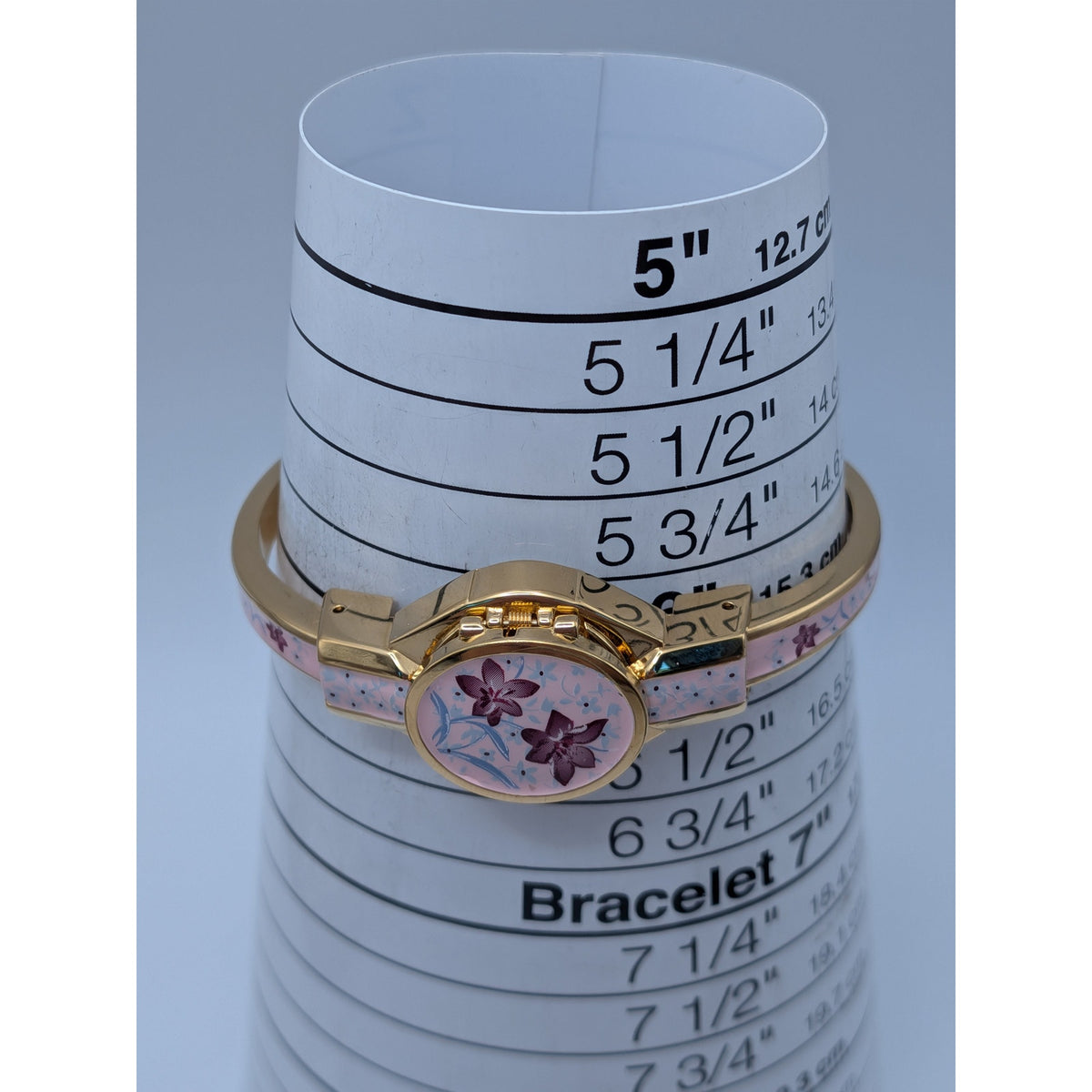 Preowned Andre Mouche Gold Tone Peekaboo Watch Pink Enamel Purple Flowers