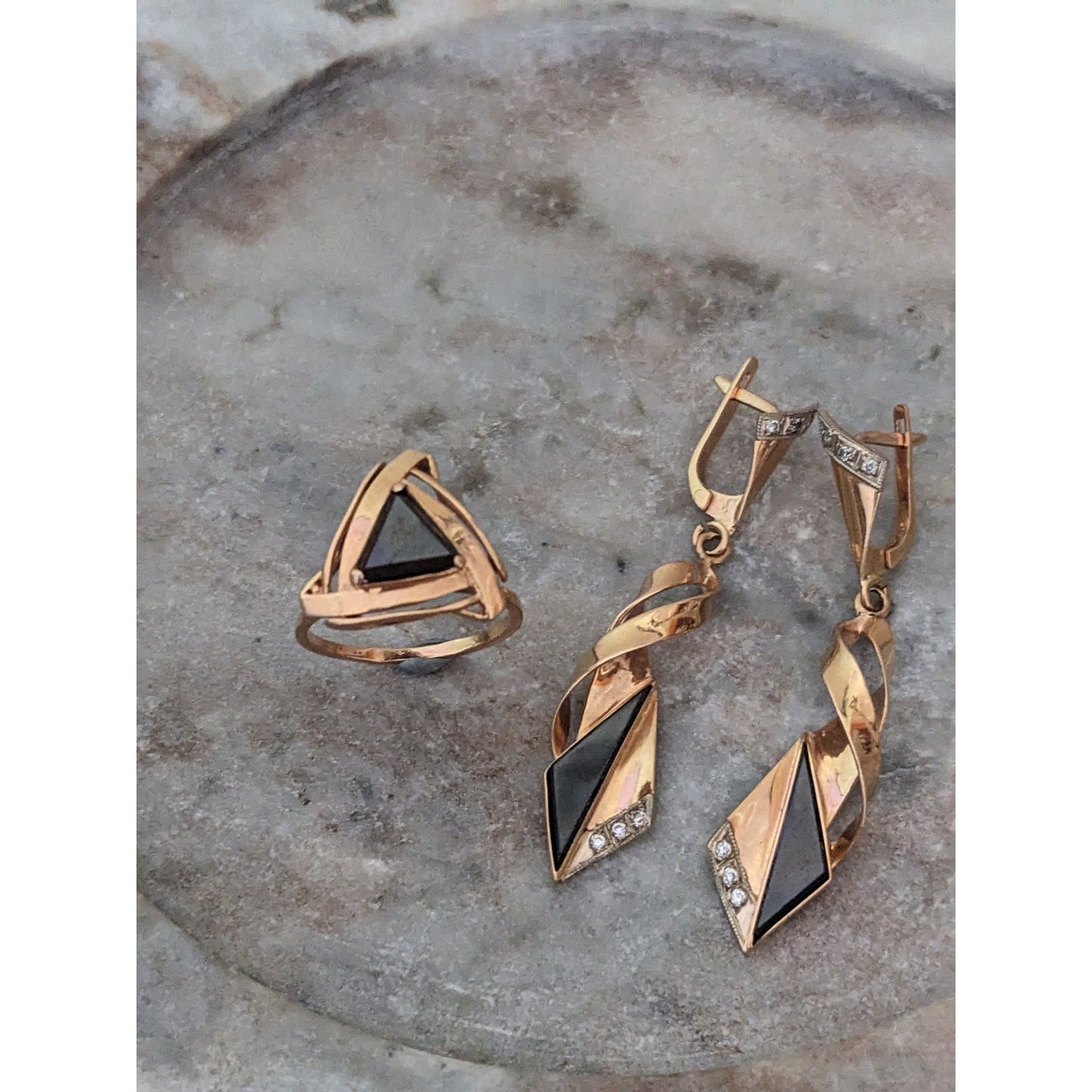 Vintage 1990s USSR 14k Gold Earring and Ring Size 7 Set Onyx and Diamonds