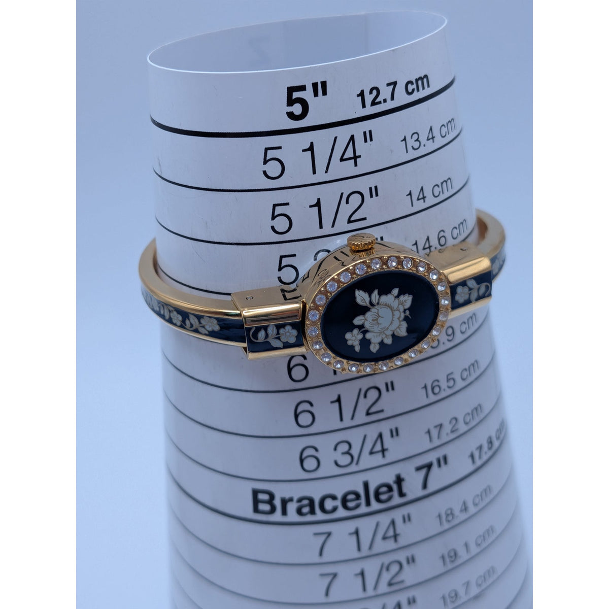 Vintage Andre Mouche Gold Tone Peekaboo Watch Blue Enamel White Flowers in Box