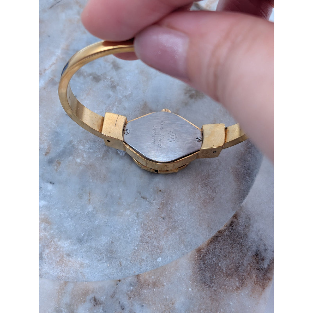 FLAW Vintage Andre Mouche Gold Tone Peekaboo Watch Blue Enamel and Flower Accent