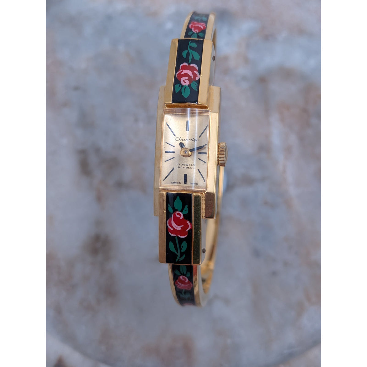 Vintage Chandler MANUAL Gold Tone Peekaboo Watch Black Enamel Red Flowers Dainty