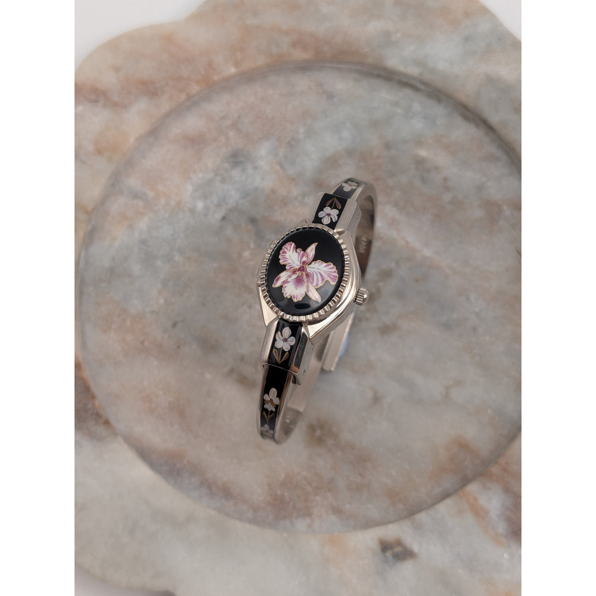 Vintage Andre Mouche Silver Tone Peekaboo Watch Black Enamel Purple Flower