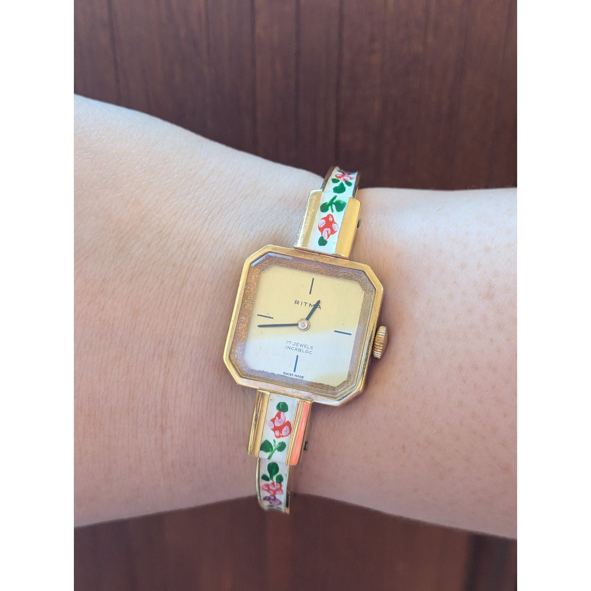 Vintage Ritma MANUAL Gold Tone Bangle Watch White Enamel & Flowers Square Dial