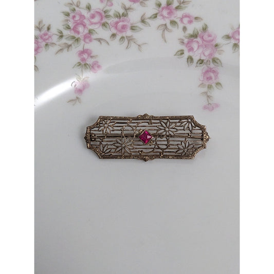 Art Deco 10k White Gold Pink Gem with Floral Filigree Design Brooch