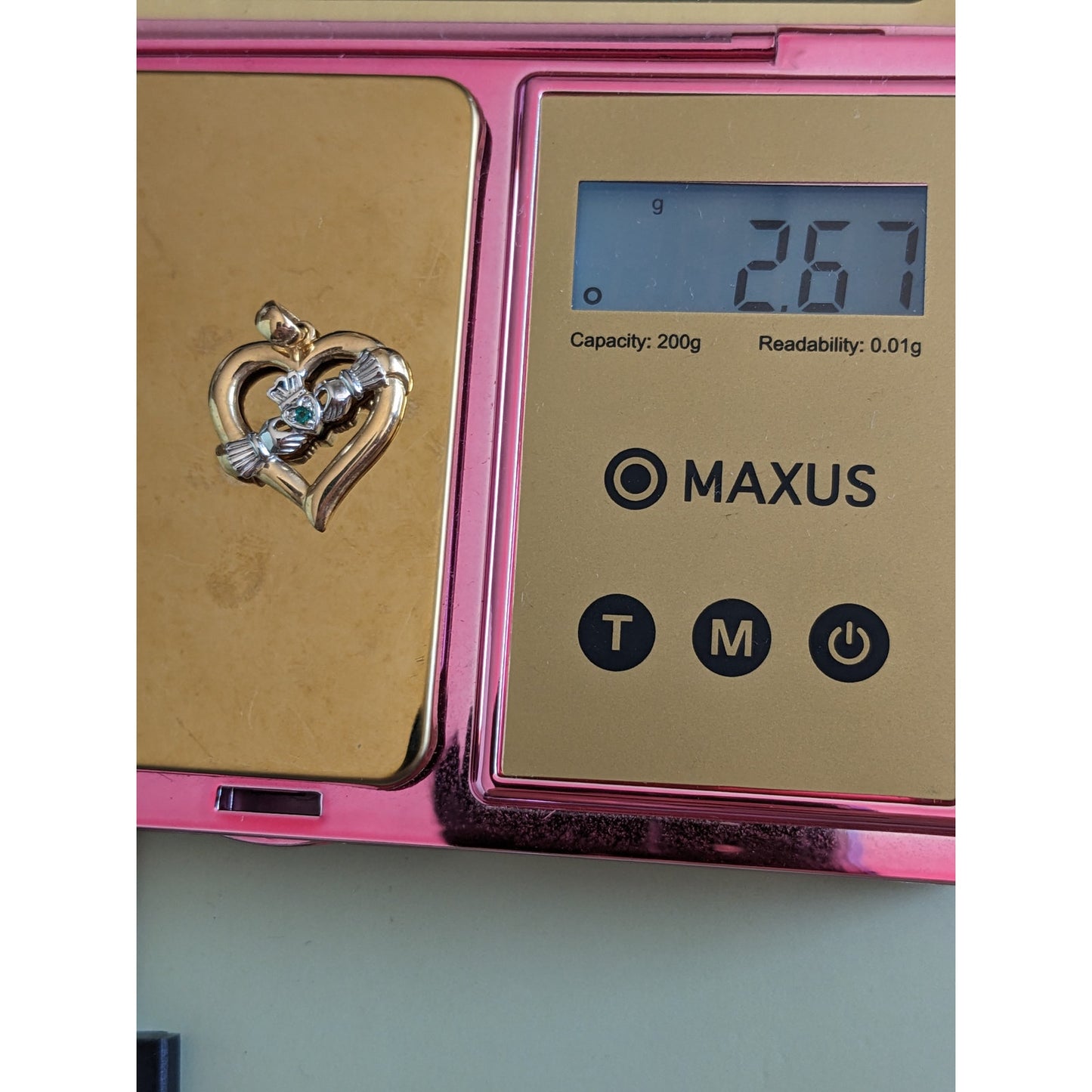 Vintage 14k Yellow and White Gold Claddagh Heart with Green Stone Pendant