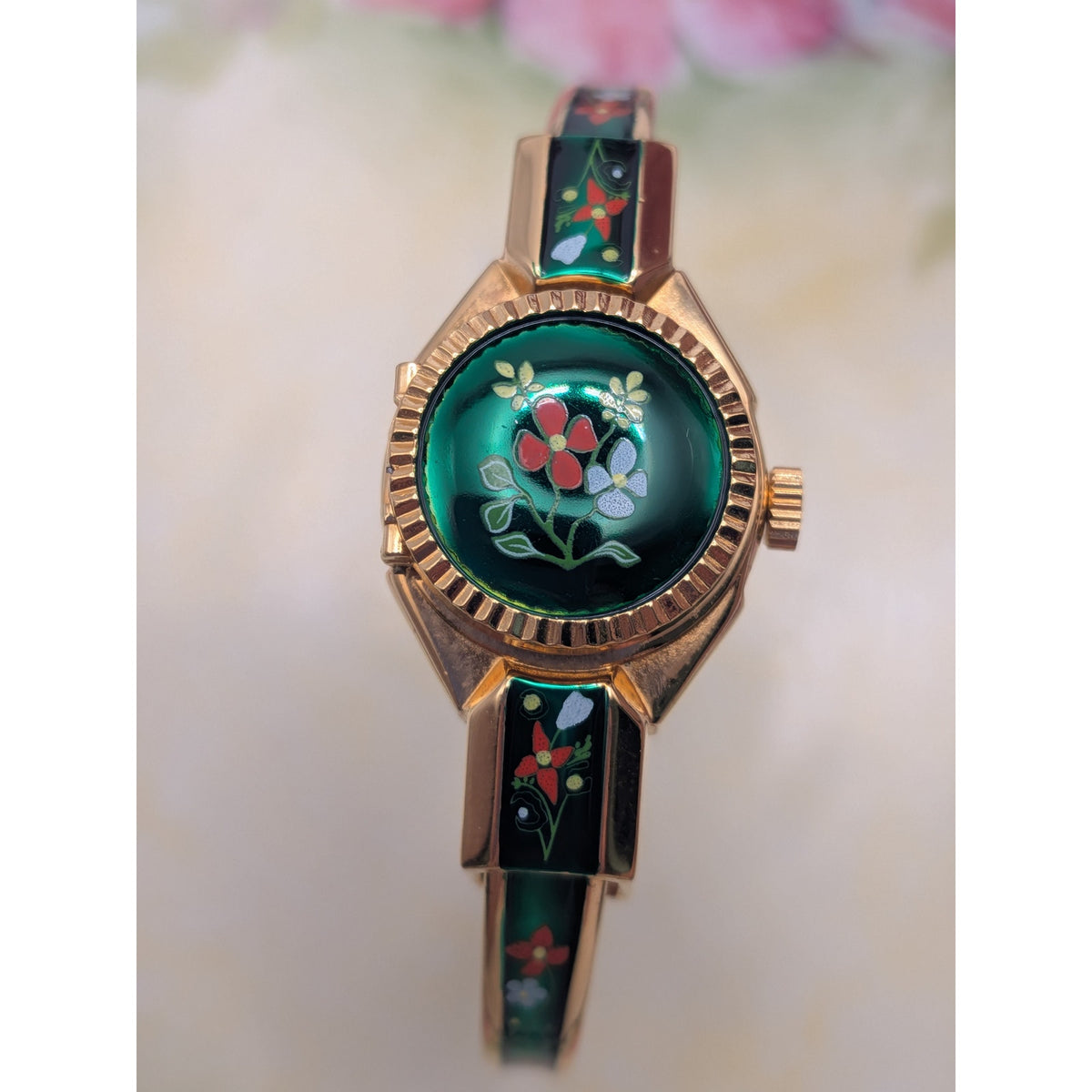 Vintage R Miller Gold Tone Peekaboo Watch Green Enamel Red and Blue Flowers