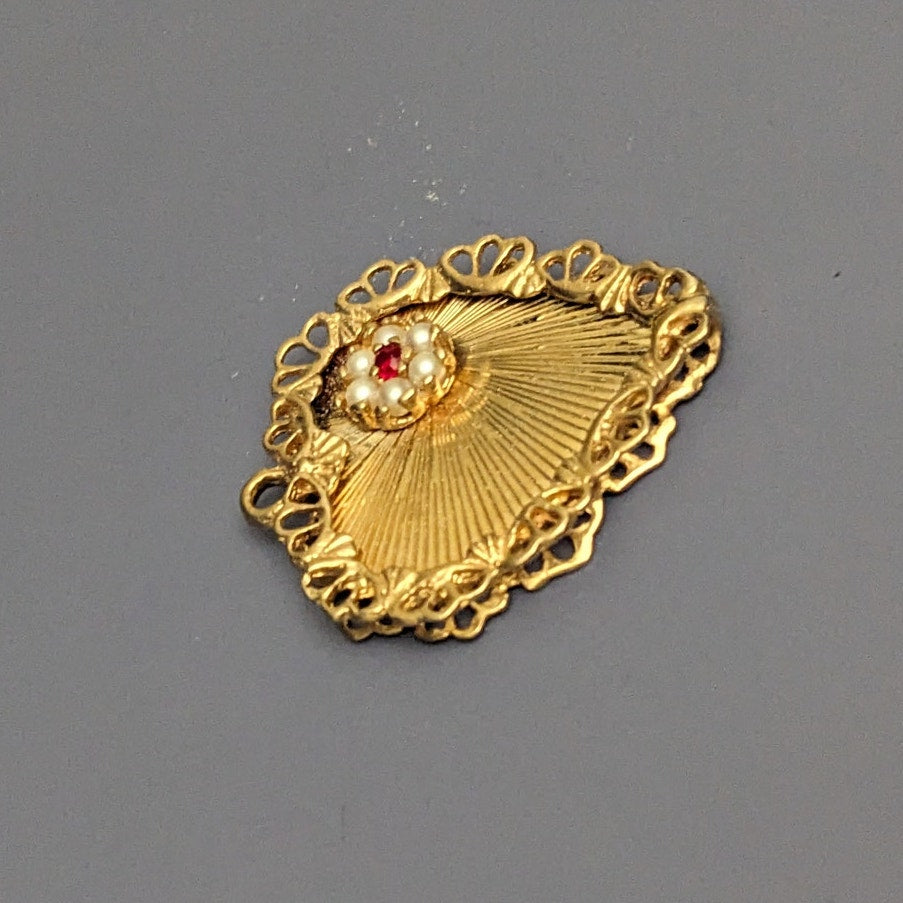 Vintage 14k Solid Yellow Gold with Pearls and Red Gem Flower Heart Pendant