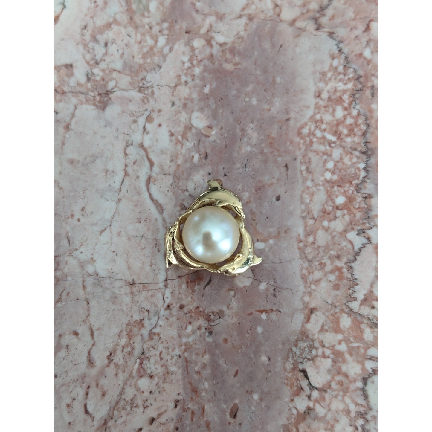 Vintage 14k Yellow Gold Wyland Cultured Pearl and Trio Dolphin Pendant