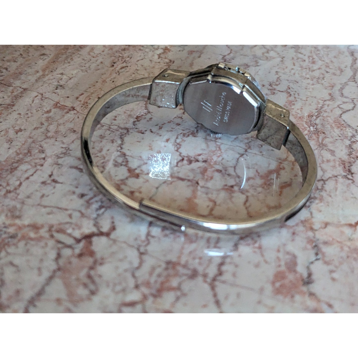 Vintage Andre Mouche Silver Tone Bangle Watch Black Enamel Cream Flowers