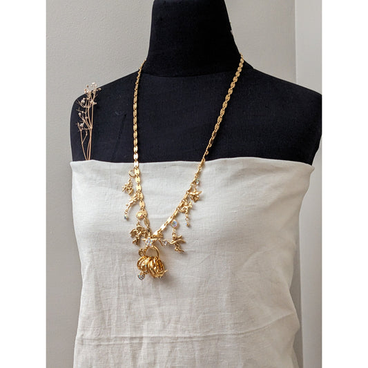 Vintage Kirks Folly Gold Tone Fairy Angel Necklace with Ring Cluster