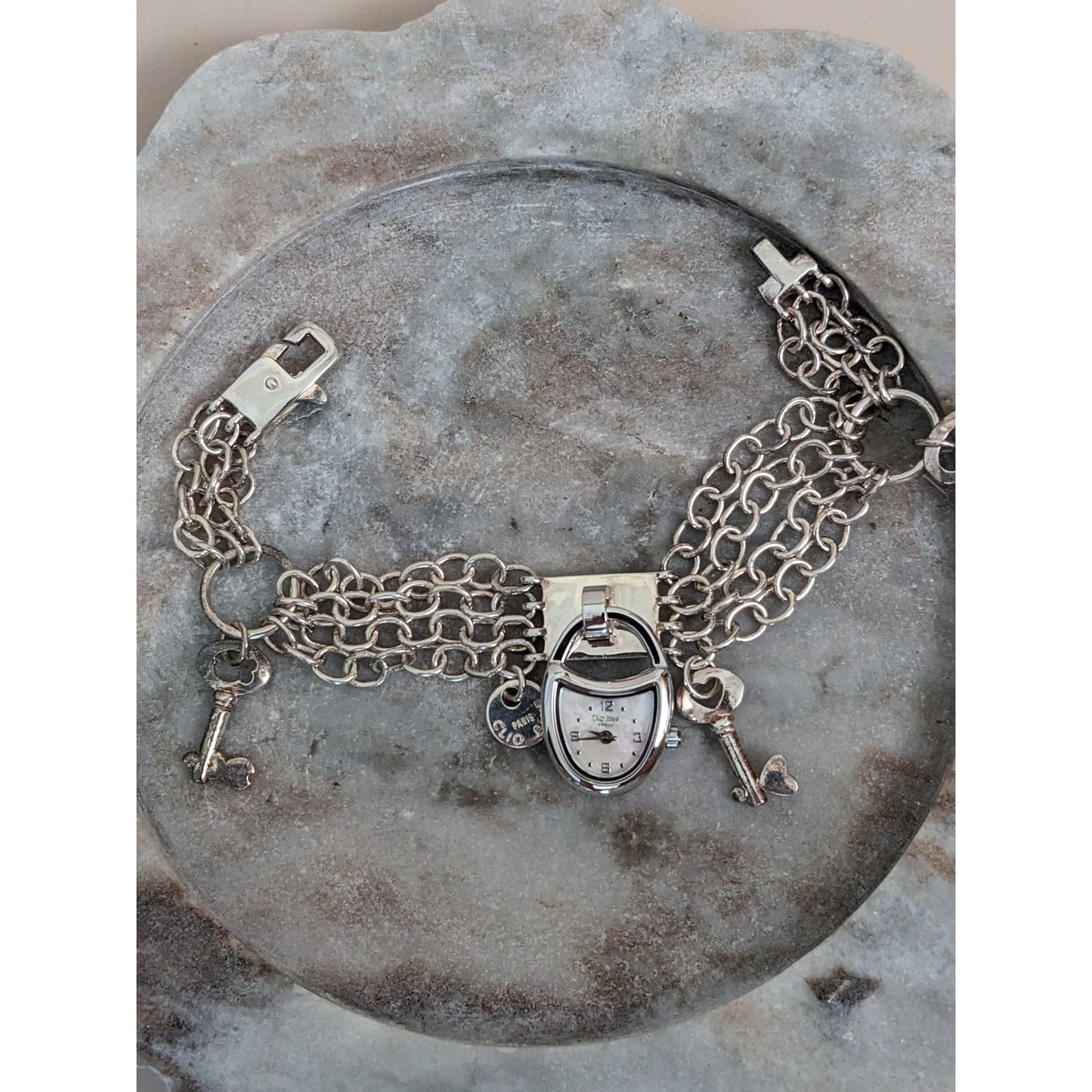 Vintage Andre Mouche Silver Tone Bangle Watch with Blue Floral Enamel Working