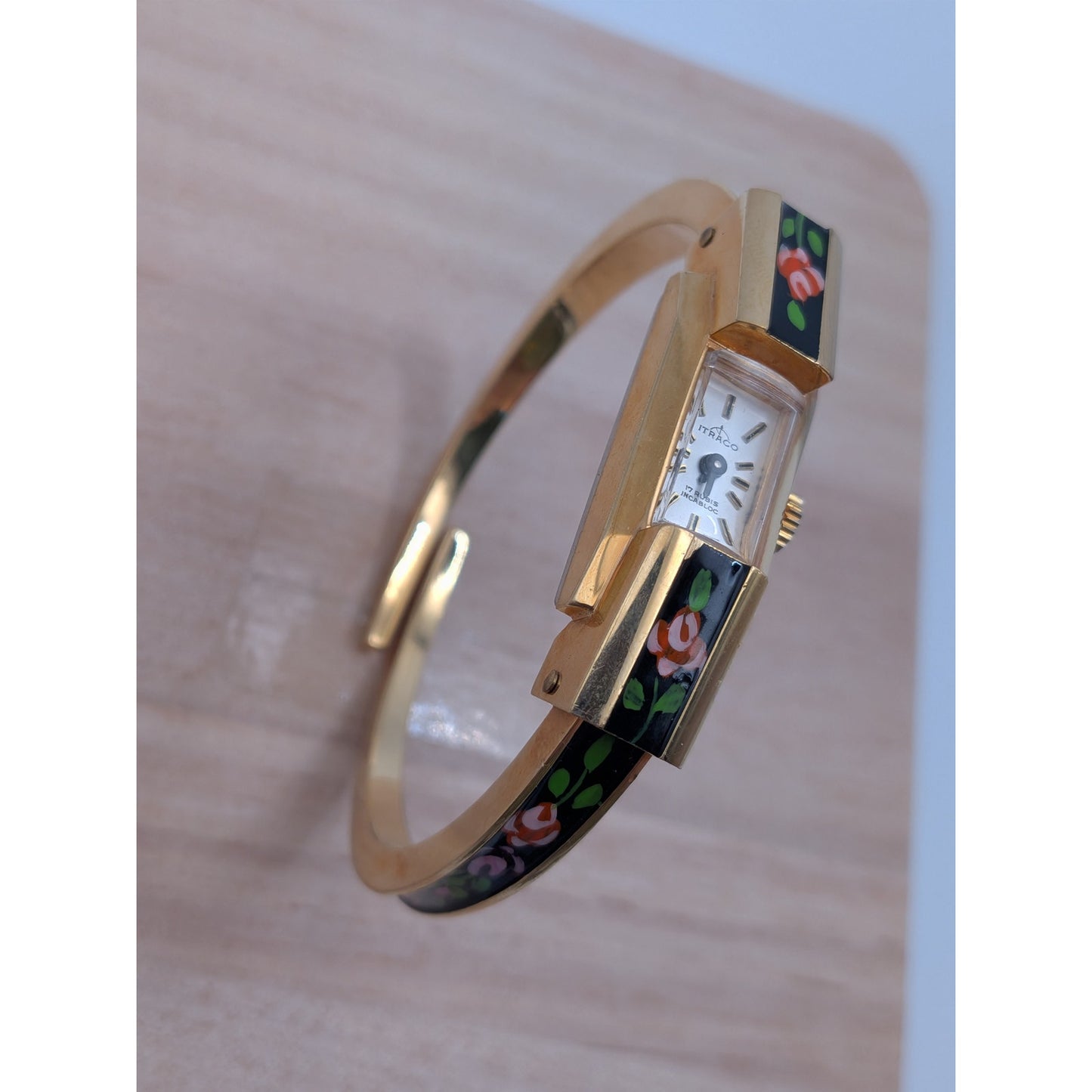 Vintage Itraco Gold Tone Dainty Bangle Watch Black Enamel Pink Purple Flowers