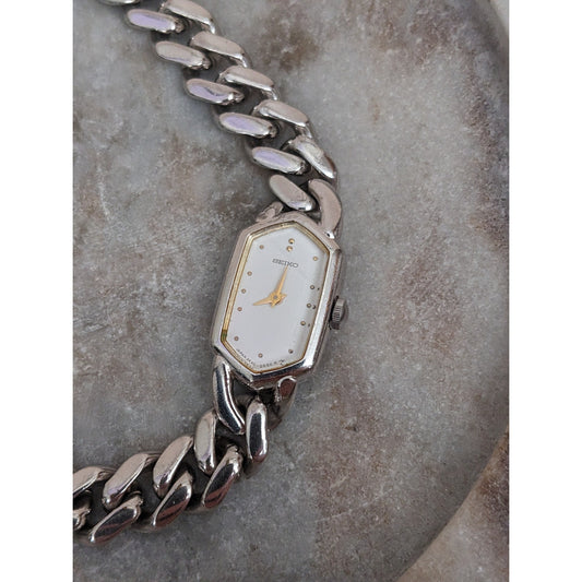 Vintage Andre Mouche Silver Tone Bangle Watch with Blue Floral Enamel Working