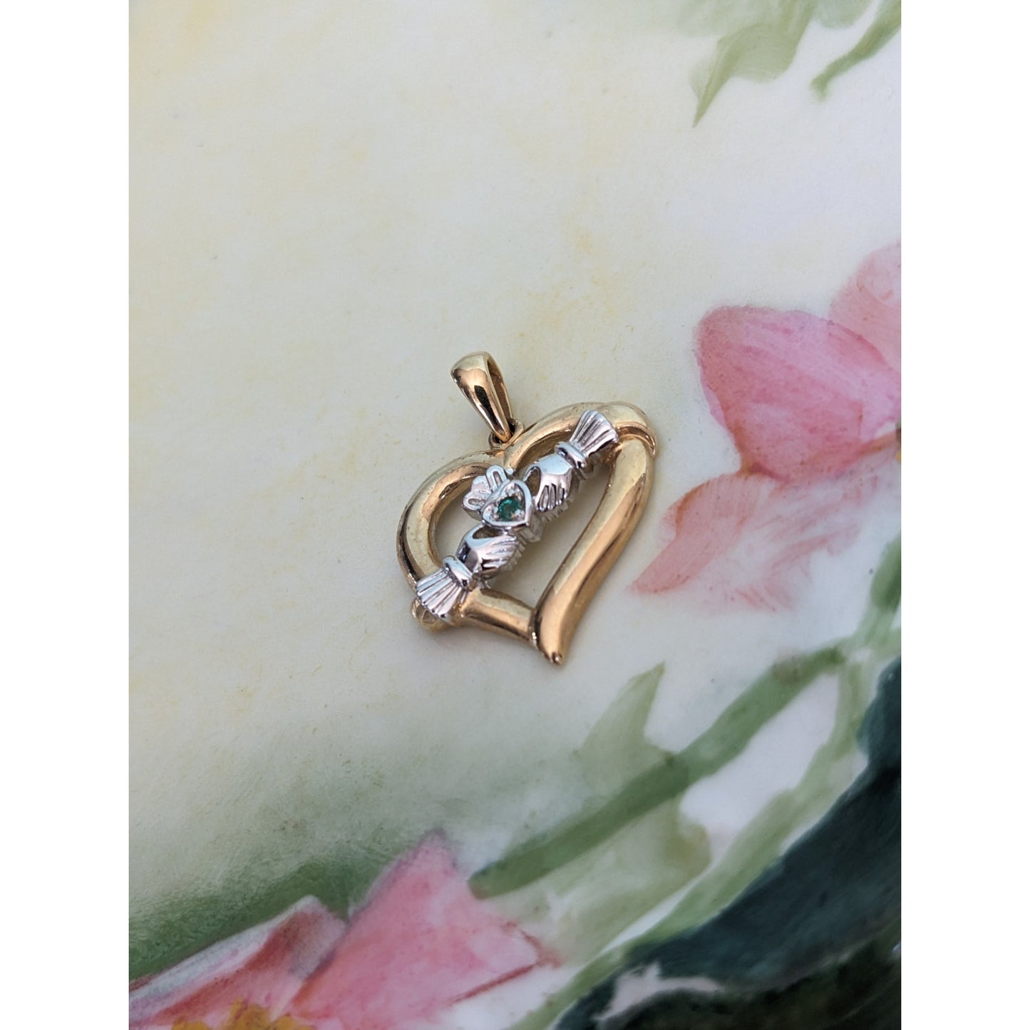 Vintage 14k Yellow and White Gold Claddagh Heart with Green Stone Pendant